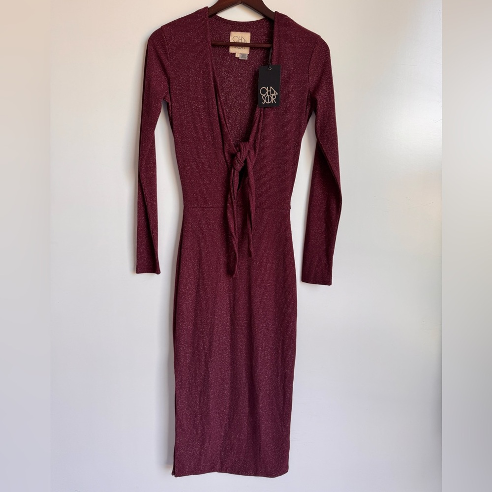 CHASER JENN MIDI DRESS Women Small Burgundy Sparkle Open Tie Knit Party Holiday
